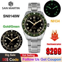 San Martin SN0140W Mechanical Watch 38mm Bubble Sapphire GMT NH34 Automatic Movement BGW9 C3 Luminous 20Bar Men Luxury Watch