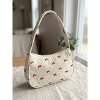 Trendy Coquette Red Bow & Polka Dot Print Shoulder Bag, Preppy Beige Corduroy Underarm Bag