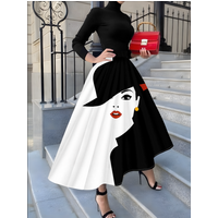 Printed Design Four-season black and white retro portrait print vacation-style women's Half-length skirt
