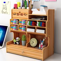 Cherry Wood Multi Compartment Desk Organizer with Slanted Pen Holders Desktop Stationery Storage Box with Drawer for Office and School Supplies
