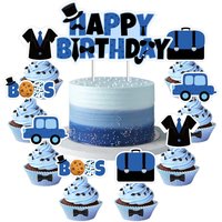 1Set Boss Theme Cake Topper Blue Black Happy Birthday Toppers Boy Baby Cupcake Day Decorations for Boys Shower Gender Reveal