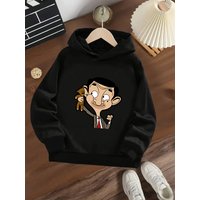 Boy And Girl Hooded Sweatshirt With Mr. Bean And Teddy Bear Print - Cartoon Style Children's Top # Essential For School