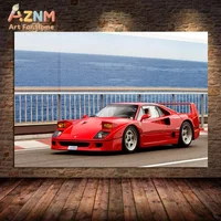 AZNM Ferrari F40 Red Supercar Wall Art Print, Single Unframed Canvas Poster, Classic Italian Sports Car on Coastal Road for Auto
