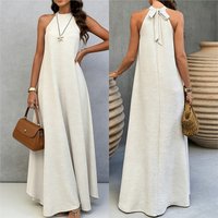 Summer New Women's Halter Summer Maxi Dress Sleeveless Backless Lace-up Solid color Gown Street Trend Casual All-Match Dresses