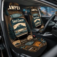 2pcs Adventure Camper Badge Design Print Car Seat Covers – Fit For Cars, Trucks, Vans, SUVs | Durable Front Seat Protectors | E