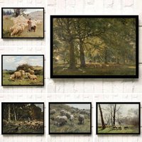 Vintage Rustic Pastoral Poster Sheep Goat and Lamb in The Pasture Canvas Painting Farmhouse Shepherd Wall Art Picture Home Decor