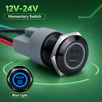 19mm Black Engine Start Stop Switch 12V-24V Blue LED Momentary Self Reset With Wiring Harness Optional Cap For Car Truck Boat