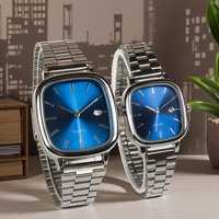 Square Couple Watch Set Blue Dial Stainless Steel Band Quartz Wristwatch with Calendar