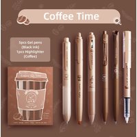 6pcs Coffee Time Gel Pens Highlighter Set 0.5mm Ballpoint Black Color Ink & Coffee Marker for Writing F7439