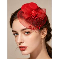 Vintage Mesh Fascinator Hairpin, Satin Rose Bead Embellished Retro Small Fascinator Headpiece, Bride's Toast Party Dinner Party Racing Event Runway Stage Fascinator Hat
