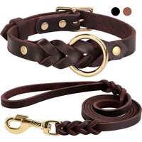 Genuine Leather Dog Collar Leash Set Braided Durable Leather Dog Collars For Medium Large Dogs German Shepherd Pet Accessories