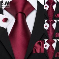 Barry.Wang Red Burgundy Maroon Silk Men's Tie Hanky Cufflinks Set Jacquard Solid Paisley Floral Necktie Male Wedding Business