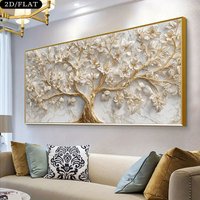2D Flat 1pc Extra Large Modern Luxury Canvas Wall Art - Unframed Golden Tree Marble Background Large Wall Decor for Living Room
