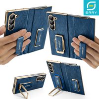 Eary Dual Grip for Samsung Galaxy Z Fold 7 6 Leather Case with Hand Strap 360ยฐRotate Stand Full Protector Shockproof Phone Cover