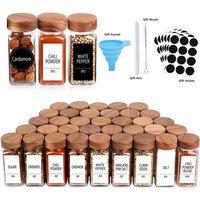 12pcs Wood Cover Glass Spice Jars Square Transparent Seasoning Storage Bottles Kitchen Salt Spices Ground Pepper Sealing Tools