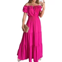 Women Fashion Ruffle One-piece Collar Dresses New Stretch Elasticated Waist Dress Female Commuter Casual Party Floor-length Gown