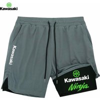 Kawasaki men's double-layer 2-in-1 sports shorts, breathable, quick drying, elastic waistband, integrated pockets, gymnastics, r