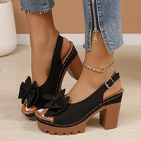 2026 Fashion Bowtie High Heel Sandals Women's Summer New Casual Thick Heel Shoes PU Leather Roman Style with Fish Mouth Shape