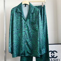 Spring Autumn 2PCS Pajamas Set Sleepwear Green Print Letter Long Sleeve Trouser Pijamas Suit Loose Silky Satin Homewear Pyjama
