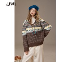 ELFSACK 2025 Winter New Arrivals Casual Cute Loose Fit V-Neck Polka Dot Cartoon Flower Sweater For Woman