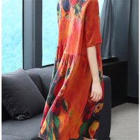 2025 New Summer High Quality Silk Print Dress Middle Age Vintage Elegant Large Size Loose O-Neck Women Dress