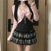 Japanese Sweet Lolita Style 3 Piece Set Women Kawaii Bow Cardigan Polka Dot Camisole Plaid Skirt Suit Korean Fashion Y2k Outfits