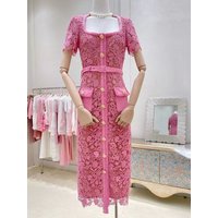 High Quality Pink Lace Dress For Women Summer Vintage Square Collar Buckles Slim Mid Dress Hollow Out Robes Female Party Vestido