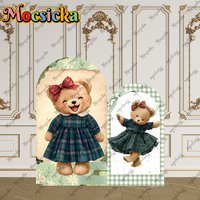 Mocsicka 2-Sided Arch Cover Cute Bear Canvas Plaid Decoration Backdrop Wall Cake Smash Baby Shower Kid Birthday Party Photo Prop