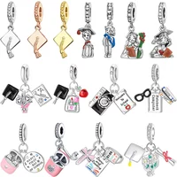 Original 925 Sterling Silver Graduation Season Charms Mortarboard Beads Flower Pendants Fit Bracelet Necklace DIY Jewelry Gift