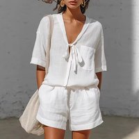 2026 Summer New Solid Color Two Piece Outfit Women V Neck Short Sleeve Top With Drawstring Pocket Loose Shorts Casual Set