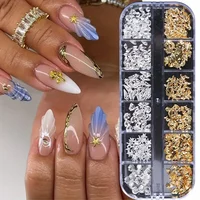 12 Grid Metal Rivet Summer Ocean Nail Jewelry Gold Silver Starfish Shell Conch shape DIY Nail Charm Parts Decoration Accessories