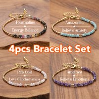 4Pcs Set Healing Crystal Bracelet 3mm Tourmaline Amethyst Black Spinel Faceted Beads Adjustable Bracelet Unisex Friendship Gift