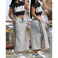 Two Piece Sets Women Outifit 2023 Summer Fashion Print Colorblock O-Neck Short Sleeve Crop Top & Casual Striped Pocket Skirt Set
