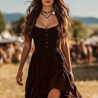 Women's Western Boho High Low Midi Dress Smocked Bodice Ruffle Tiered Flowy Dress For Country Concert Vacation Chic Summer Dress