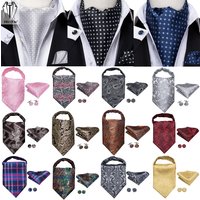 Hi-Tie Silk Mens Ascots Hanky Cufflinks Set Jacquard Paisley Floral Cravat Tie Self Vintage Ascot Black Gray Red Gold Pink Blue