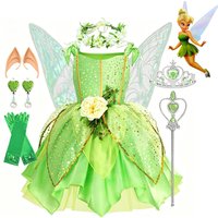 Kids Tinkerbell Fairy Costume with Wings Headband & Accessories - Green Princess Dress for HalloweenCosplay & Birthday Parties