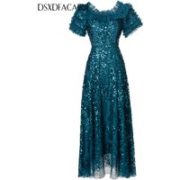 DSXDFACAIRIJ Women's Sequins Embroidery Mesh Dress Slash Neck Ruffles Short Sleeves Elegant Ball Gown for Spring
