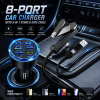 8 Port Car Charger with 3-Fold Stand Data Cable, PD QC3.0 Fast Charging USB C Car Phone Charger Adapter for iPhone 17 16 Samsung