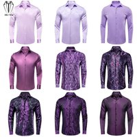 Hi-Tie Lilac Mauve Lavender Purple Silk Mens Shirts Lapel Long Sleeve Dress Shirt Jacquard Blouse for Male Wedding Business Prom