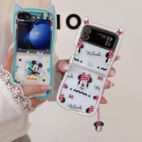Cute 3D Cat Ears Mickey Minnie Phone Case for Samsung Galaxy Z Flip 3 4 5 6 7 7FE Kawaii Protective Cover with Pendant Lanyard