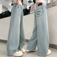 Spring Kids Children Y2K Streetwear Jeans With Heart Embroidery Pocket for Girl Harajuku Retro Washed Fashionable Denim Pants