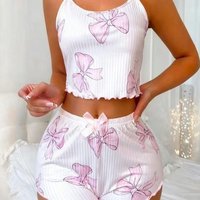 2Pcs/Set Casual Two-Piece Set Sling Pajama Set Bowknot Print Round Neck Camisole Set Backless Breathable Nightwear Set for Women