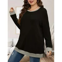 Plus Size 1XL-5XL Autumn New Women's Casual Color Blocking Pullover Fashion Crew-neck Sweatshirt Top Long-sleeved T-shirt