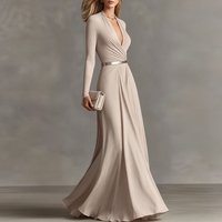 Elegant Sexy Deep V Neck Slim Maxi Dress Women Long Sleeve Ruched Waist Formal Gown Spring Casual Solid Sashes Boho Long Dresses