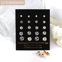 LUXUKISSKIDS Cubic Zirconia 10pairs/lots Golden Piercing 6 Prong Sparkling Round Stud Earrings Clearly White Stainless Steel 316