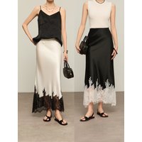 Elegant Lace Splice Long Half Skirt Women's Wrap around High Waist Acetate Satin Commute Style City Scenic Splice Design