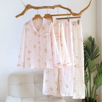 2026 New Spring and Autumn Women's Pajama Set 100% Cotton Crepe Long Sleeve Pants Cute Cartoon Two Piece Loose Home Clothes