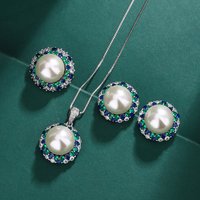 Korean Fashion White Pearl Pendant Necklace Silver Needle Emerald Crystal Rings Earrings Women's Jewelry Pure Elegant Accessory