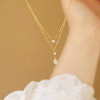 Stylish Waterdrop Zircon Double Layer Staniless Steel Waterproof Gold Plated Choker Necklace Fashion Jewelry Gift for Women