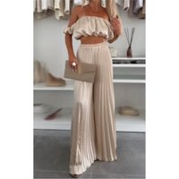 Fashion Solid Set For Women Elegant Chic Sleeveless Slash Neck Short Tops+high Waist Wide Leg Pants 2 Piece Sets Womens Clothing